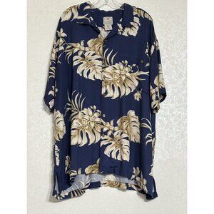 Vintage Luau Mens Hawaiian Shirt Dark Navy Blue Floral Size 2X Spun Rayon Poplin